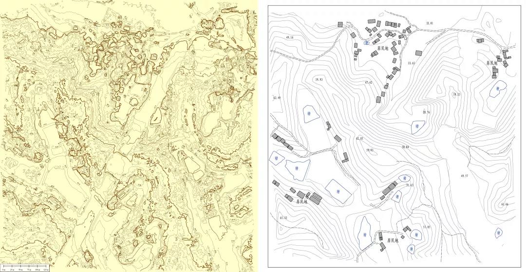 DSM直接生成等高线与提取高程点后生成等高线对比（等高距2米）